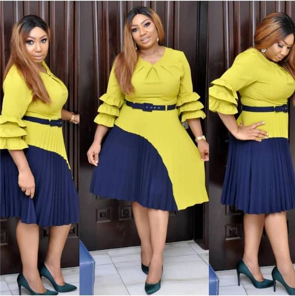 

womens casual dresses fashion panelled ruffle bell sleeve sashes womens pleated dresses designer panelled females clothing, Black;gray