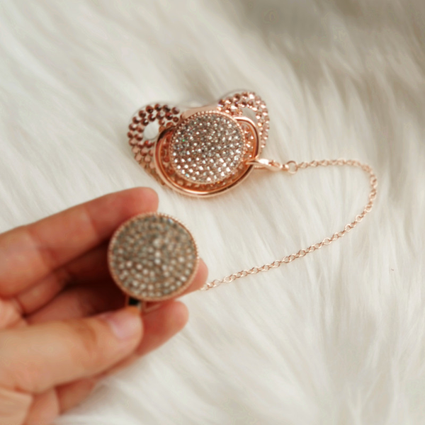 

dollbling newborn boutique gift set jewelry crystal pacifier soother and clips glam 24k rose gold plated pacifier
