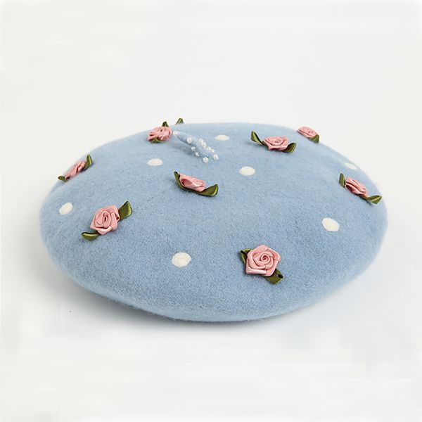 

handmade wool ladies beret literary flower embroidered hat manual wool felt autumn winter warm berets birthday present for girls, Blue;gray
