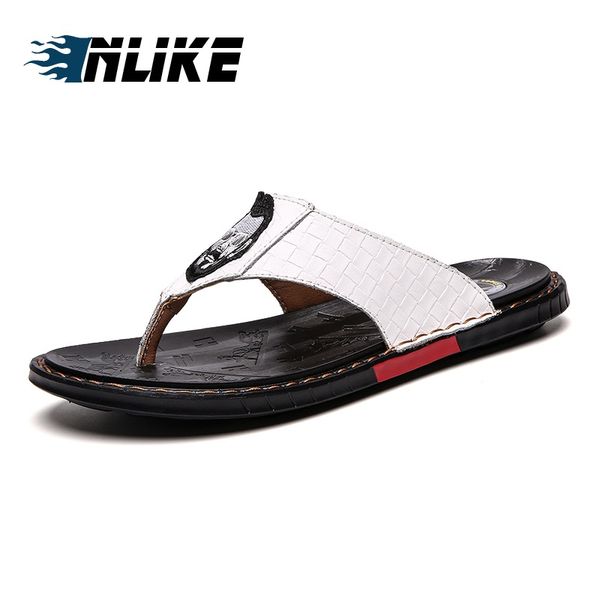 

men's flip flops genuine leather luxury slippers beach casual sandals, Black