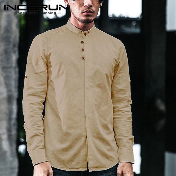 

incerun spring fashion men shirts stand collar solid long sleeve streetwear social business brand shirts cotton camisas hombre, White;black