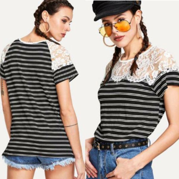

2019 new arrival summer women vogue short sleeve striped t-shirt woman lace collar crew neck lace stripe tee, White
