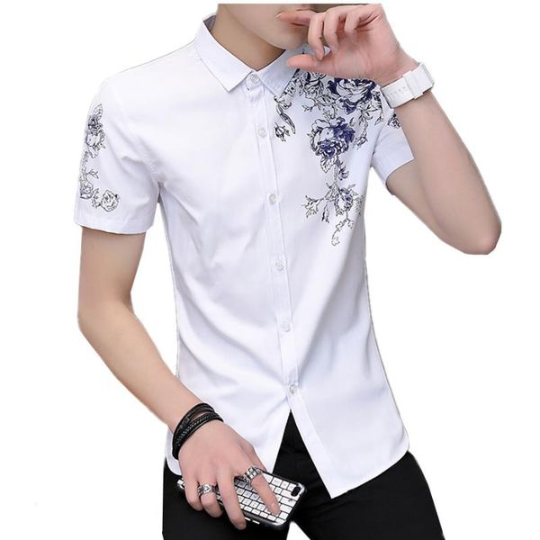 

summer short sleeve shirt men printed beach shirt asian size s  l xl xxl xxxl slim fit men's casual shirts, White;black
