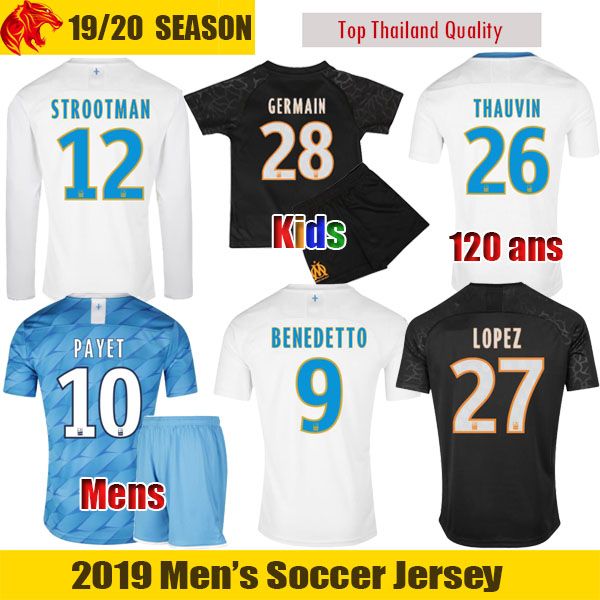 

19 20 olympique de marseille soccer jerseys 2019 2020 om 120 ans marseille maillot benedetto payet mens uniform kids kit thauvin shirts, Black;yellow