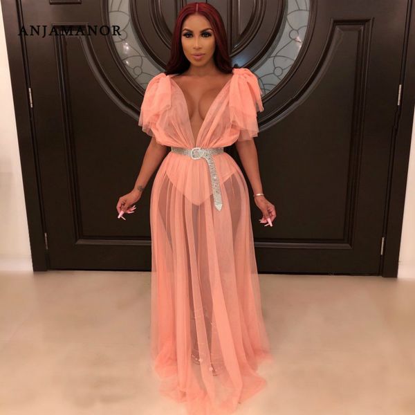 

anjamanor organza mesh ruffle maxi dress womens fall fashion 2019 night club party elegant evening gown plus size d48-az47, Black;gray