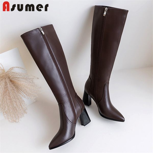 

asumer 2020 new genuine leather high heel shoes women knee high boots pointed toe autumn winter dress shoes ladies office, Black