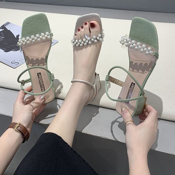 

shoes women beige heeled sandals string bead woman's slippers slides square heel fashion med soft black 2020 heels block