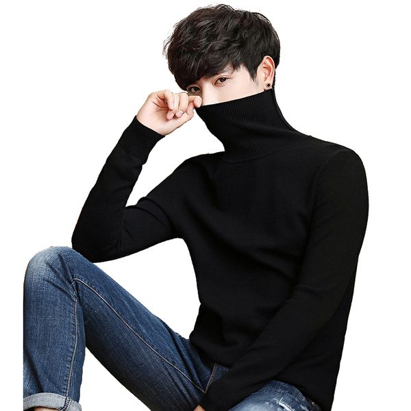 

black turtleneck men knitted sweater classic solid color casual elasticity pullover men sweaters turtle neck long sleeve, Black;white