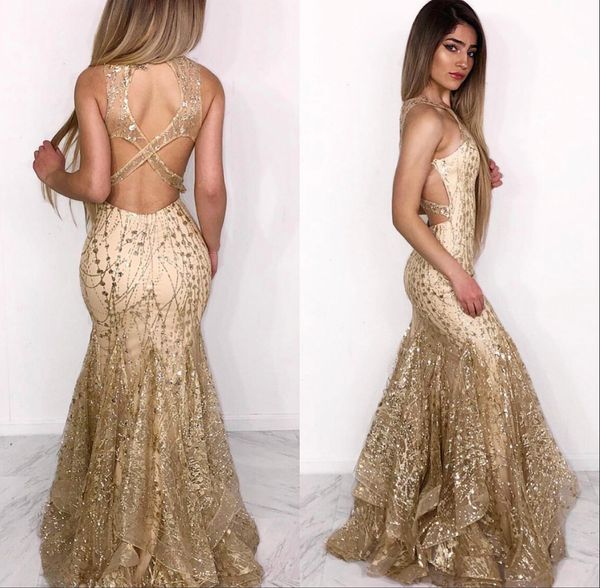 

Gold Mermaid Evening Dresses 2019 Halter Sequined Prom Dress Formal Wear Party Gowns Floor Length Abendkleider robes de soirée