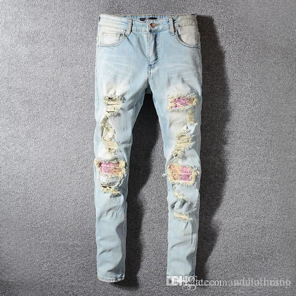 

2020 mens jeans slim fit ripped hi-street distressed denim joggers knee holes washed destroyed 10 style color men pants fear of god, Blue