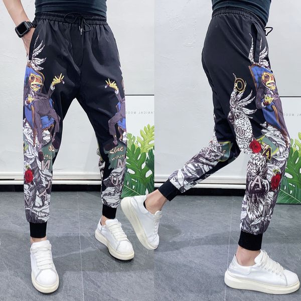 

fashionable men's slim feet track pants men 2020 flower pants men's social boys casual harlan streetwear jogger hombre, Black