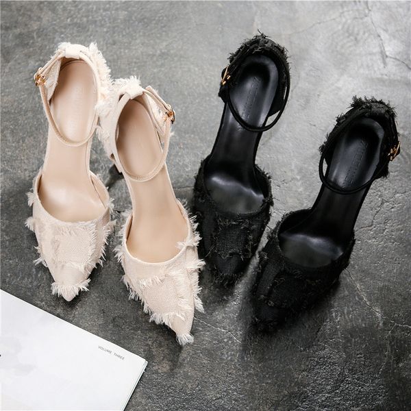 

women shoes 2019 spring pumps beige high heels sandals ladies pointed wedge hollow latest straps black african toe summer 33