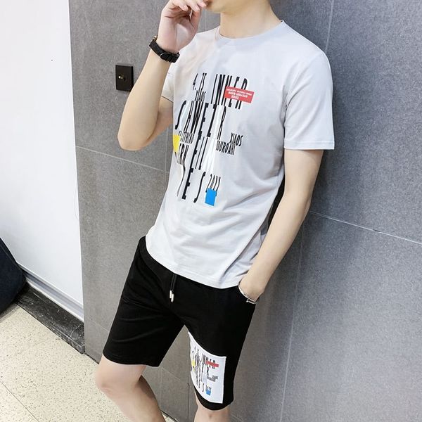 

summer new mens fashion casual printing sports two piece outfits short sleeve o-neck t-shirts elastic waist knee length shorts, Gray