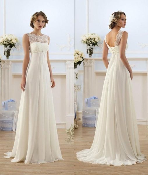 

Chiffon A Line Empire High Waist Wedding Dresses Lace Sheer Neckline Lace-up Backless Summer Beach Maternity Bridal Gowns