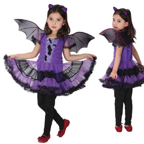 

fancy masquerade party bat cosplay dress witch clothing halloween costume for kids girls with wings headband girl dresses, Black;red