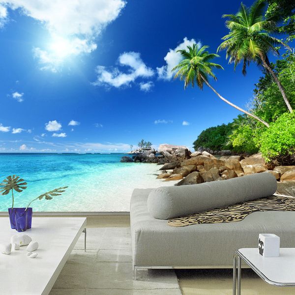 

custom 3d poster wallpaper beach scenery living room bedroom tv background wall mural wallpaper decor roll blue sky white clouds