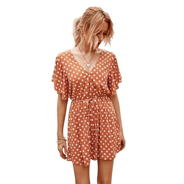

v neck playsuit summer bohemian beach overalls polka dot lace up short jumpsuit, Black;white