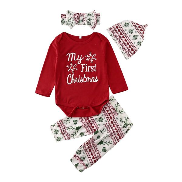

toddler girl clothes my 1st christmas infant baby girls boys clothes bodysuit +pants +hat+headband 4pcs outfits size 0-18m, White