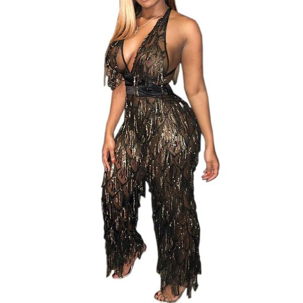 

deep v-neck sheath jumpsuits club women belt backless sequins rompers solid color trousers overalls, Black;white