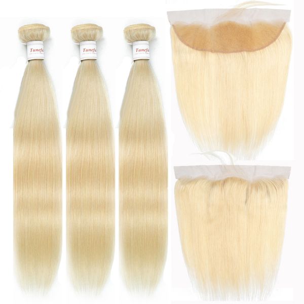 

613 bundles with frontal brazilian remy straight blonde hair with frontal 100% human hair 3 bundles with frontal, Black
