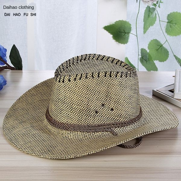 

men's travel sun warp knitted straw cowboy sun warp knitted all-match straw hat monochrome hat, Blue;gray