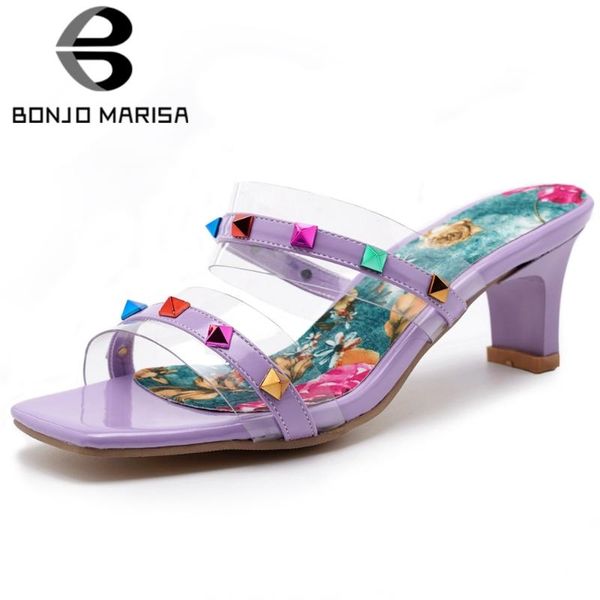 

bonjomarisa female slip on summer sandals open toe colorful rivet high heels pumps women fashion party shoes woman, Black