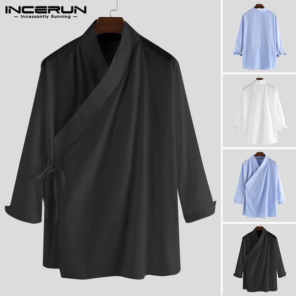

2020 chinese style solid color men shirt retro stand collar hanfu elegant camisa vintage lace up long sleeve mens shirts incerun, White;black