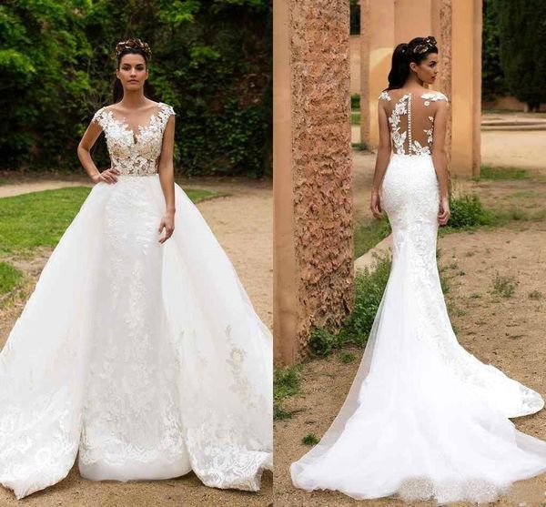 

2019 lace mermaid wedding dresses with detachable train cap sleeve plus size boho wedding dress vestido de novia bridal gowns cheap, White