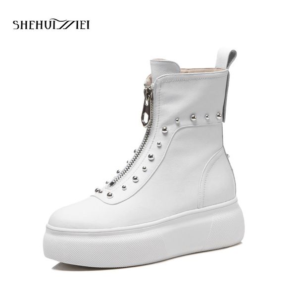 

shehuimei women ankle boots 2018 genuine leather superstar winter shoes handsome motorcycle boots metal rivets front zipper shoe, Black