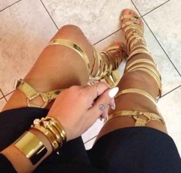 

summer fashion female gladiator boots women buckles boots over the knee gold leather ladies flat party shoes, Black