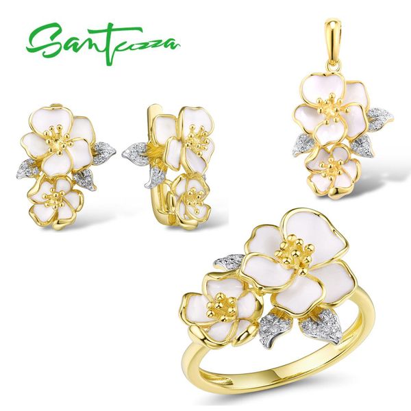 

santuzza jewelry set for women 925 sterling silver white orchid flowers pendant earrings ring set fine jewelry handmade enamel cx200623, Slivery;golden