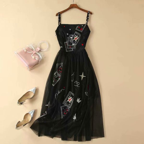 

verdejuliay ethnic spaghetti strap black dresses summer new 2019 fashion flower embroidery mesh mid-calf black dress, Black;gray