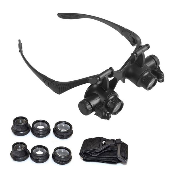 

защитные очки часы ремонт ювелирных изделий увеличительные стекла со светодиодной подсветкой и сменными 4 парами лупы 10/15/20 / 25x объекти, Black