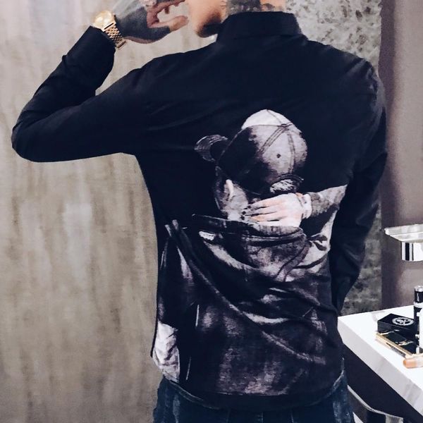 

autumn print men shirt dress camisa hombre casual slim fit shirt men streetwear camisas hombre night club tuxedo black