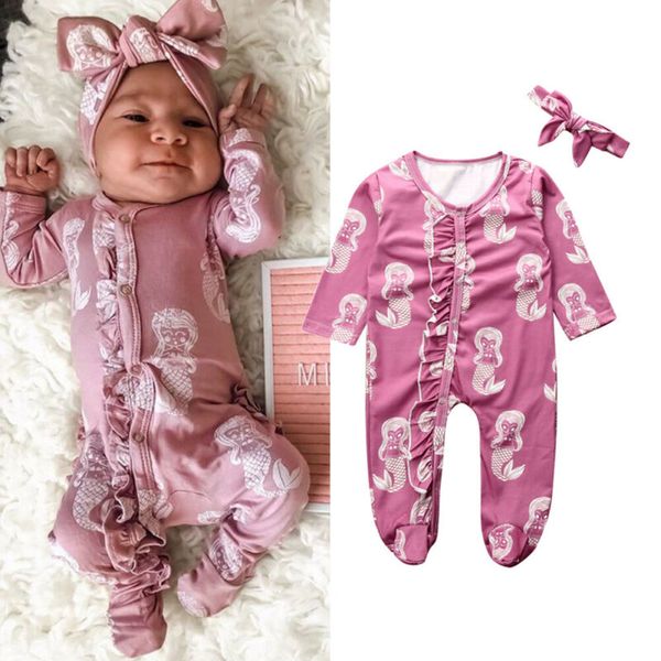 

pudcoco autumn infant kids baby girl clothes mermaid print ruffle long sleeve romper jumpsuit+headband cute outfit, Blue