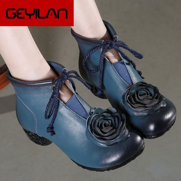 

winter shoes woman cow leather flower shoes high heels ankle boots genuine leather handmade retro women boots, Black