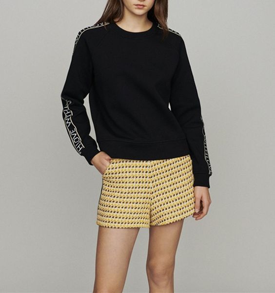 

women hoodie round neck long sleeve letter patch sweatshirt, Black