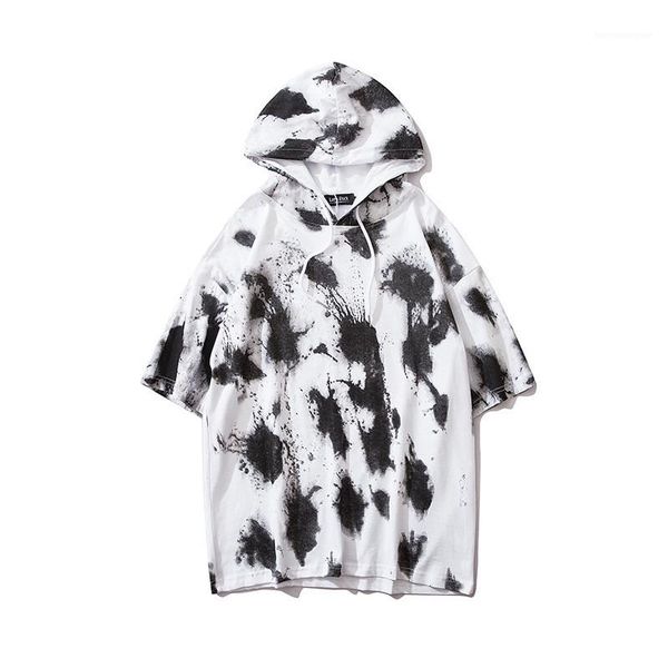 

hooded tees fashion natural color loose tees casual pullover short sleeve hoodies mens clothing mens designer splash-ink, Black