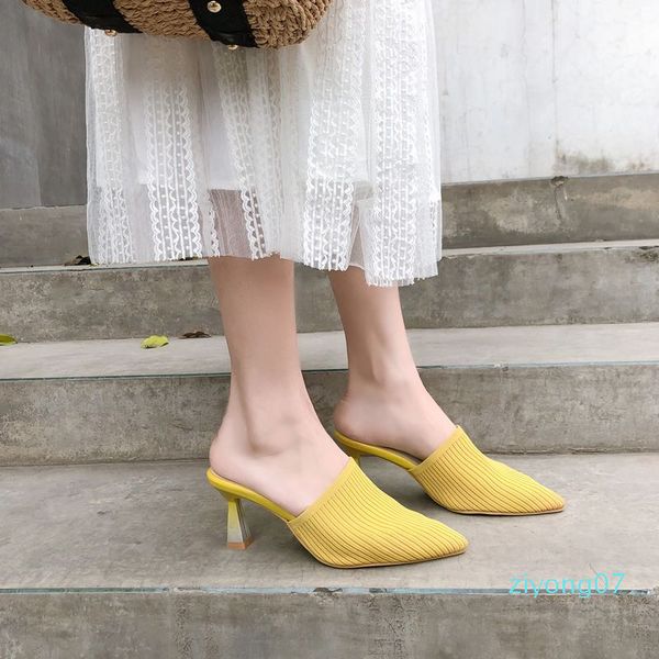 

morazora 2019 plus size 34-43 women slippers slip on pointed toe stretch fabric summer ladies shoes high heels slippers female z07, Black