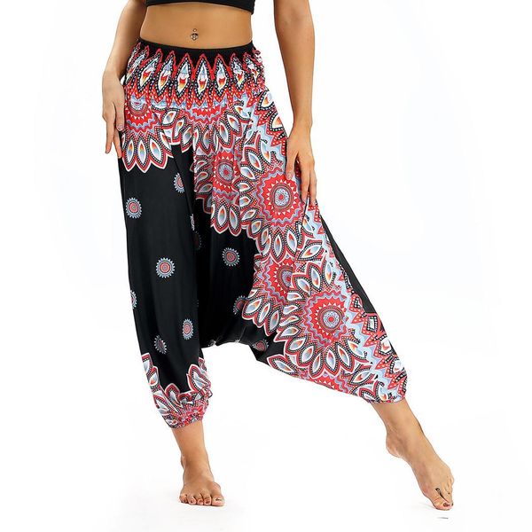 

women casual print elastic waist loose wide leg ankle length all seasons yoga pant, White;red