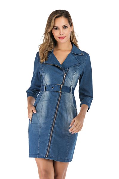

Womens Summer Designer Jeans Dresses Lapel Neck A Line Above Knee Female Clothing Zippaer Sashes Casual Apparel
