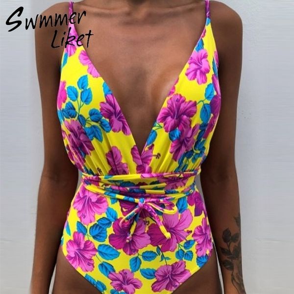 

floral print one piece swimsuit female monokini deep v bikini 2019 string swimwear women bathing suit padded one-piece suits, White;black