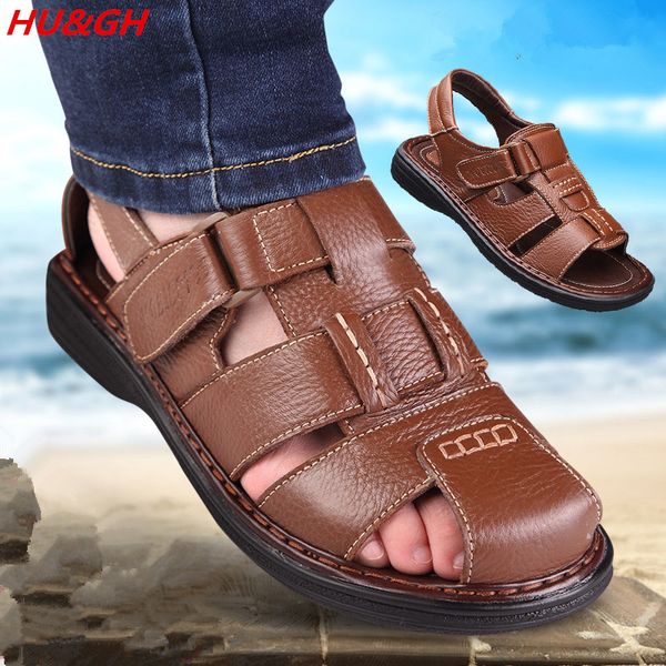

summer men's genuine leather sandal leather beach shoes, 2019 new casual comfortable breathable cool slippers, transport, Black