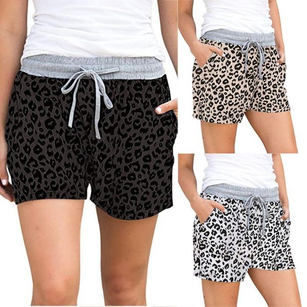 

leopard shorts women plus size pantalon corto deporte mujer comfy drawstring splice casual elastic waist pocketed loose shorts, White;red
