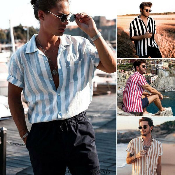 

fashion men's summer turn-down collar casual shirt mens stripe short sleeve slim fit shirts muscle button blouse tee, White;black