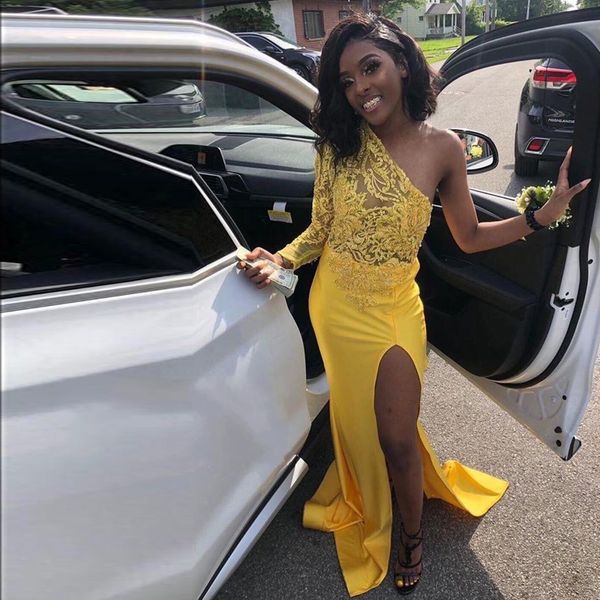 

yellow one shoulder side split mermaid prom dresses lace appliques bead sequined satin evening party gowns, Black
