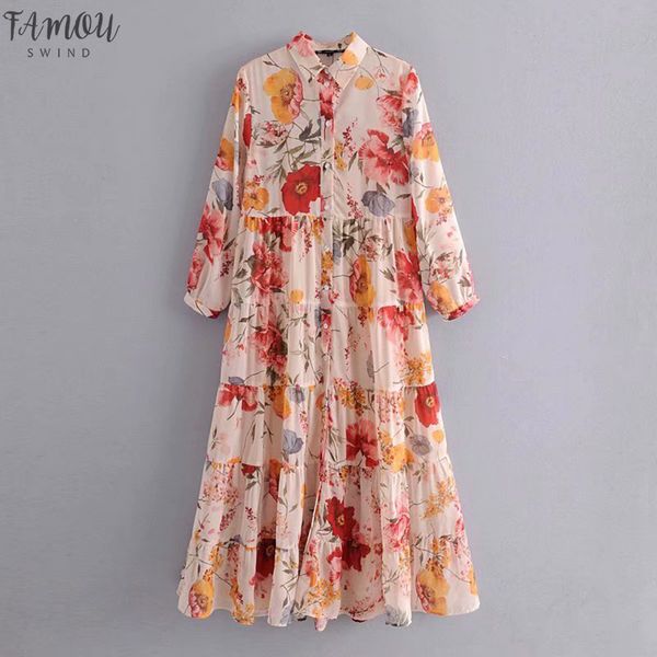 

2020 women chic floral print casual loose long dress ladies pleats chiffon vestidos streetwear button party dress, Black;gray