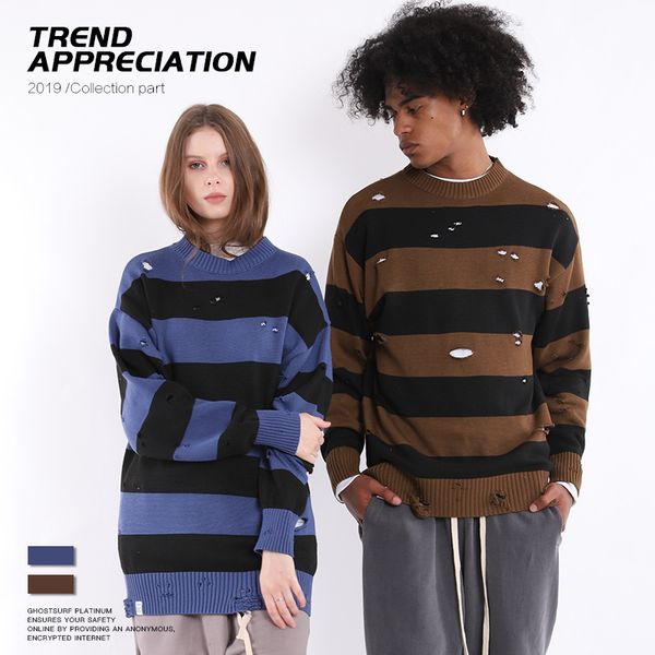 

tide brand autumn and winter new striped hole influx people oversize men's sweater, White;black