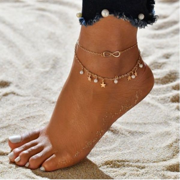 

fashionable anklets multi layers lucky 8 beads star pearls anklets gold silver ankle bracelets for girls /ladies, Red;blue