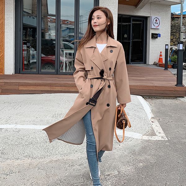 

fashion women solid loose comfortable trench new arrival autumn winter korean double breasted temperamental trend outerwear coat, Tan;black